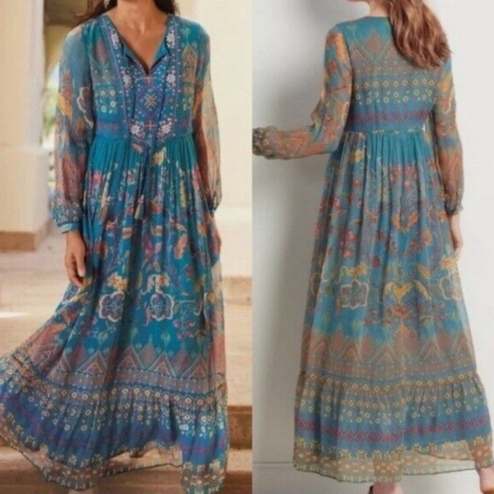 Soft Surroundings Teal Floral Embroidered Maxi Dress - Picture 2 of 9
